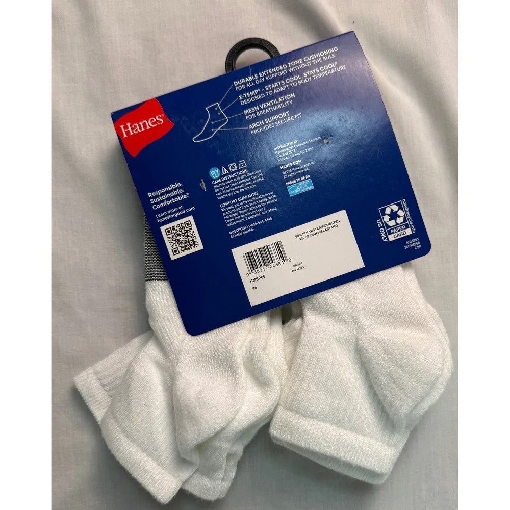 Hanes Mens 6 Pair Ankle Socks X-Temp Mesh Vent Arch Support White 6-12